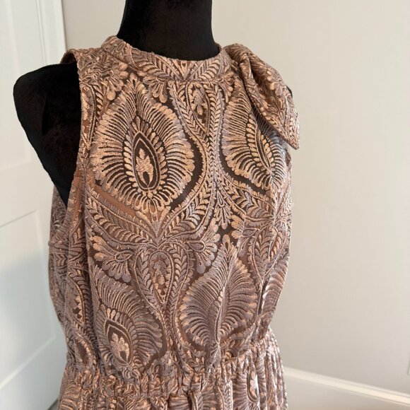 Latte Midi Dress | JS Collections | Illusion Halter | Floral Embroidery | Size M - Picture 3 of 7